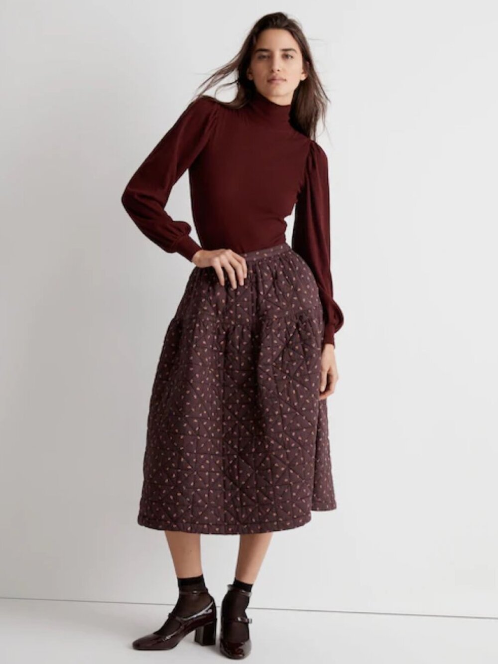 Madewell Quilted Crinkle Cotton Midi Skirt in Chocolate Raisin